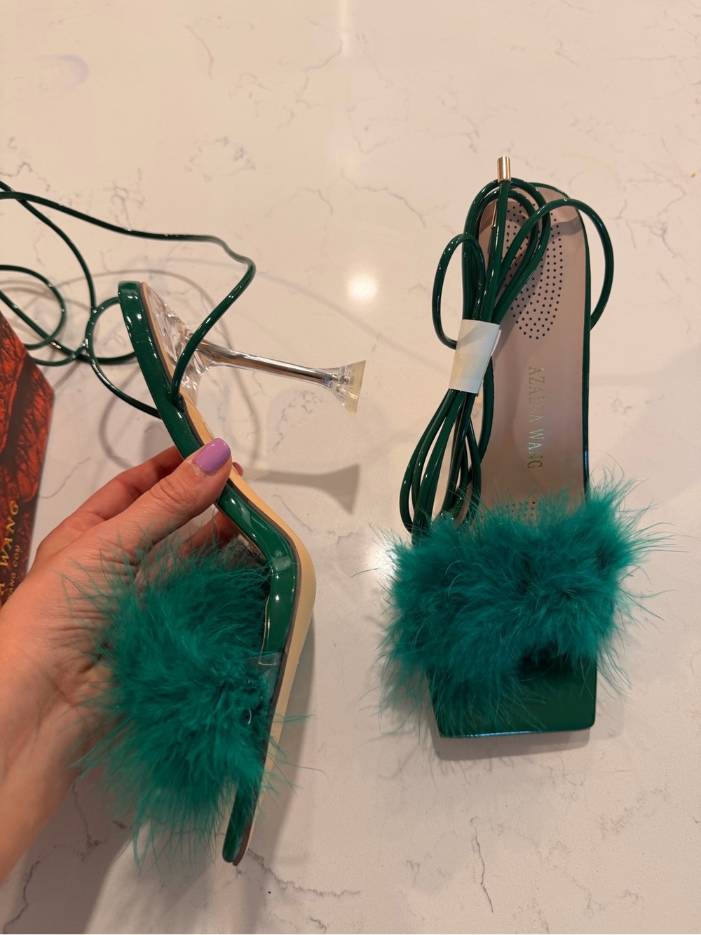 Azalea Wang Emerald Feather Lace-Up High Heels - Picture 2 of 4